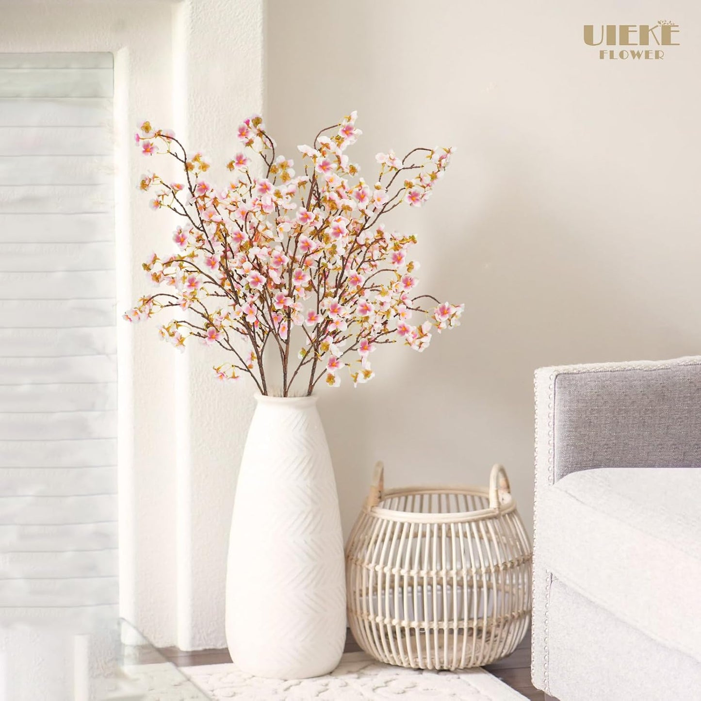 Uieke Silk Cherry Blossom Branches, 40.5in Artificial Cherry Blossom Flowers Long Stems Fake Flowers Vase Arrangements for Wedding Home Japanese Decor, Set of 8, Pink