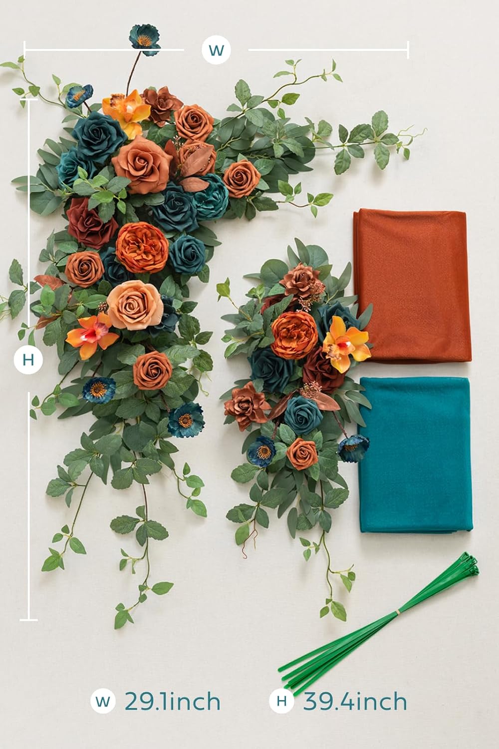 Ling's Moment Teal Orange Artificial Wedding Arch Flowers Kit Pack of 4, 2pcs Hanging Flower Arrangement 2pcs Chiffon Drapes Ceremony Reception Fake Rose Arbor Backdrop Floral Party Outdoor Decoration