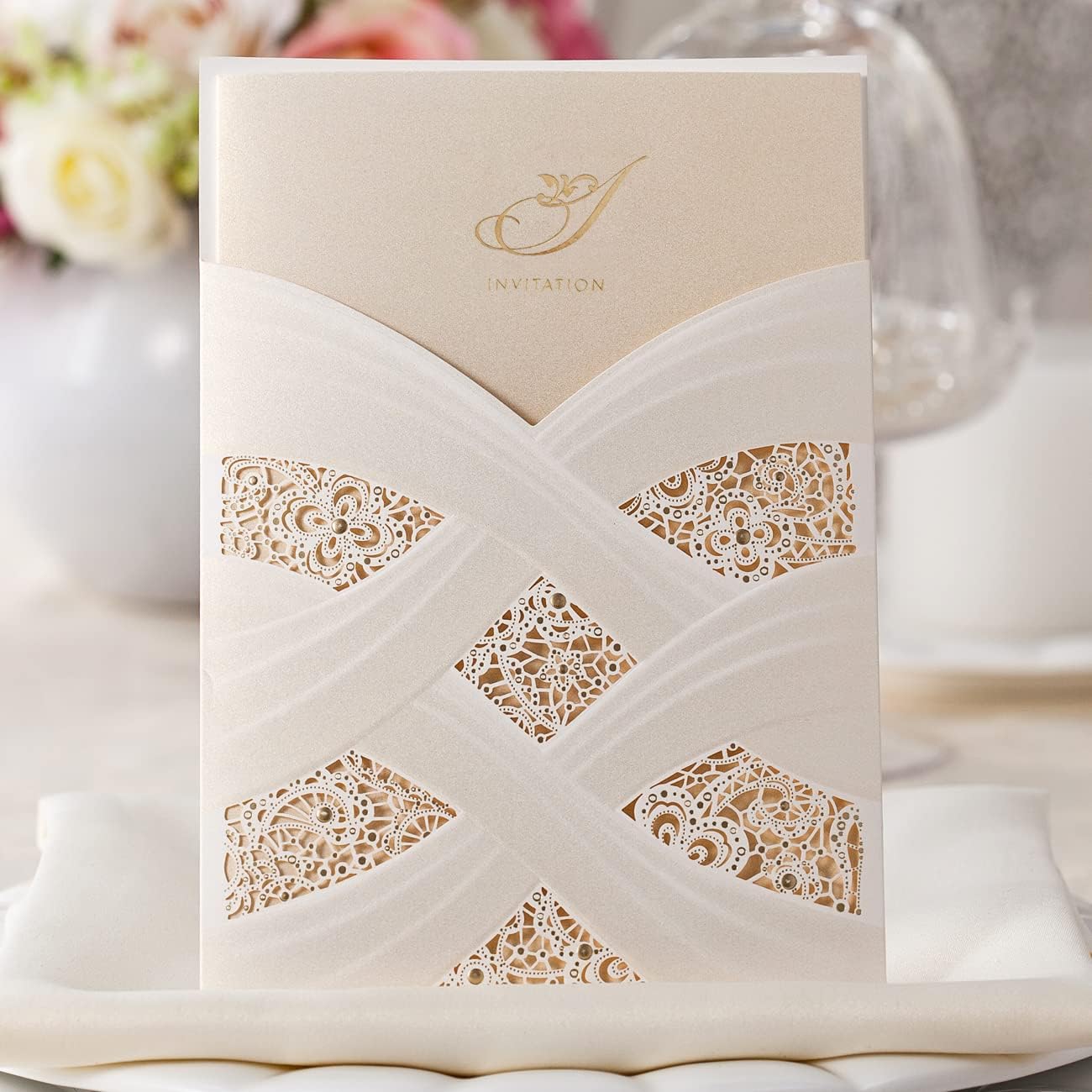 Hosmsua 50PCS Customized Ivory Wedding Invitations Kit 5.12x7.2 Inch Laser Cut Gold Foil Hollow Flora Lace Sleeve Pocket Wedding Quinceanera Invitation with Envelopes