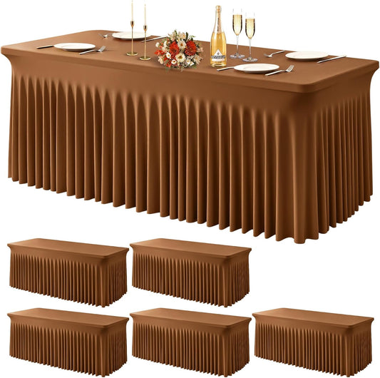 Wish Care 6 Pack Brown Spandex Table Clothes for 8 Foot Rectangle Tables, 8FT Wrinkle Free Fitted Tablecloths Ruffles Design Table Cover for Party, Banquet, Wedding and Events
