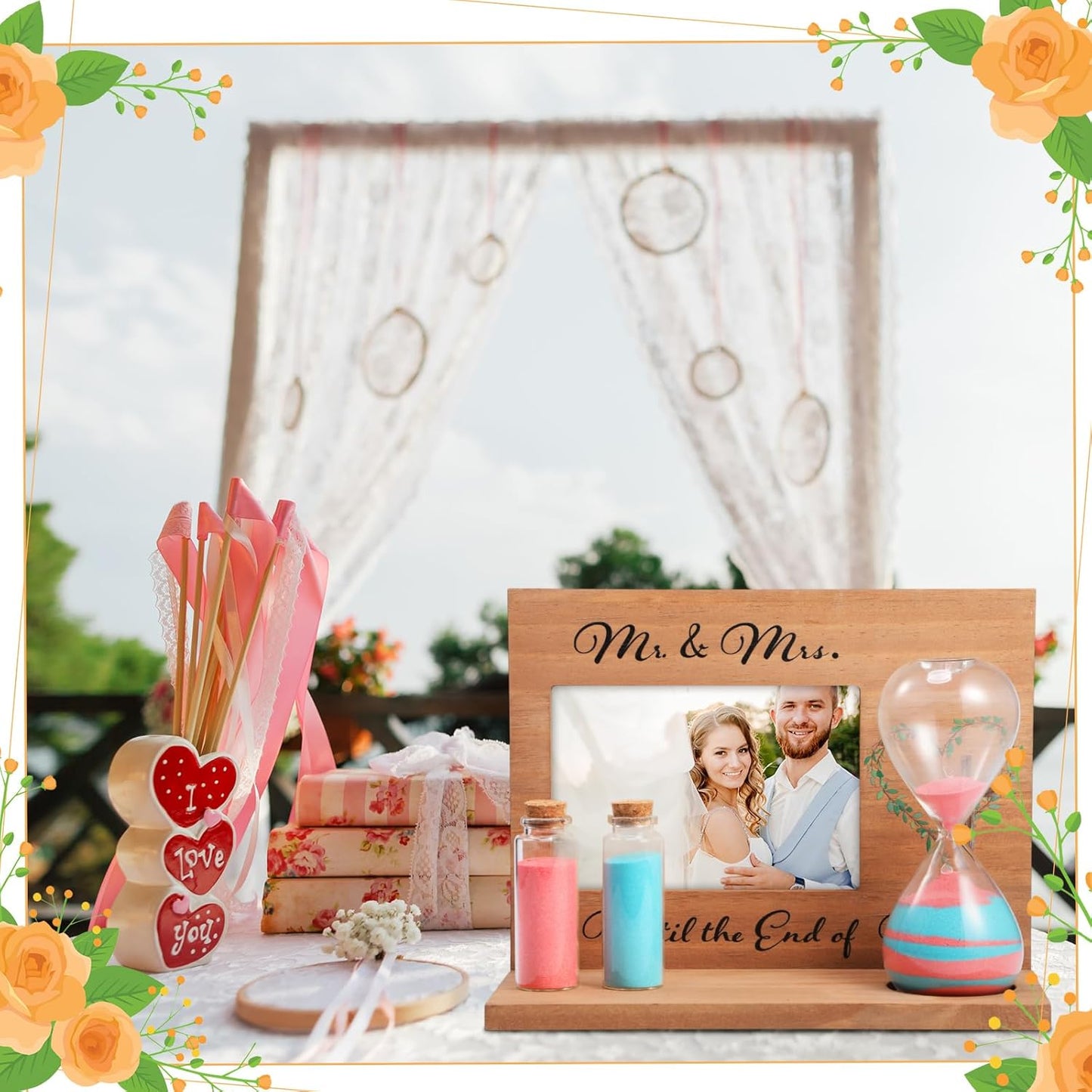 Blosssound Wedding Sand Ceremony Set Wooden Photo Frame, Hourglass Funnel, Sand, Glass Bottles, Mr and Mrs Until The End of Time Unity Kit for Weddings Ceremony Party Supplies(Nature)