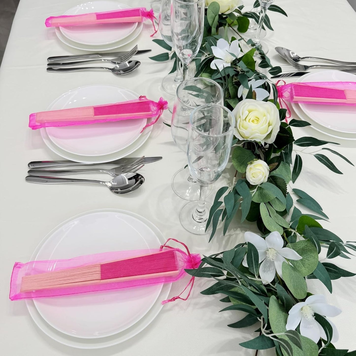 24pcs Imitated Silk Hand Fan Imitated Silk Fabric Bamboo Handheld Folded Fan Bridal Dancing Props Church Wedding Party Favors with Organza Bags (Hot Pink)