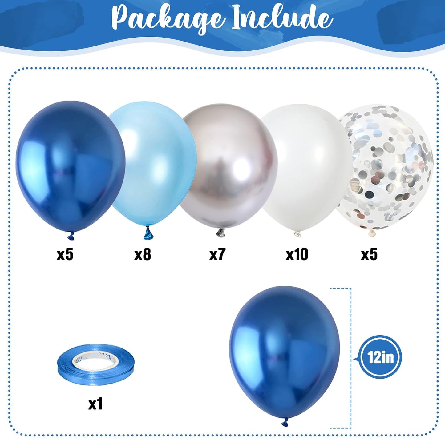 Blue and Silver Balloons, 12 Inch Metallic Blue Silver White Balloons Set, Pearl Light Blue Aqua Baby Blue Silver Confetti Latex Balloons for Boys Birthday Baby Shower Christening Party Decorations