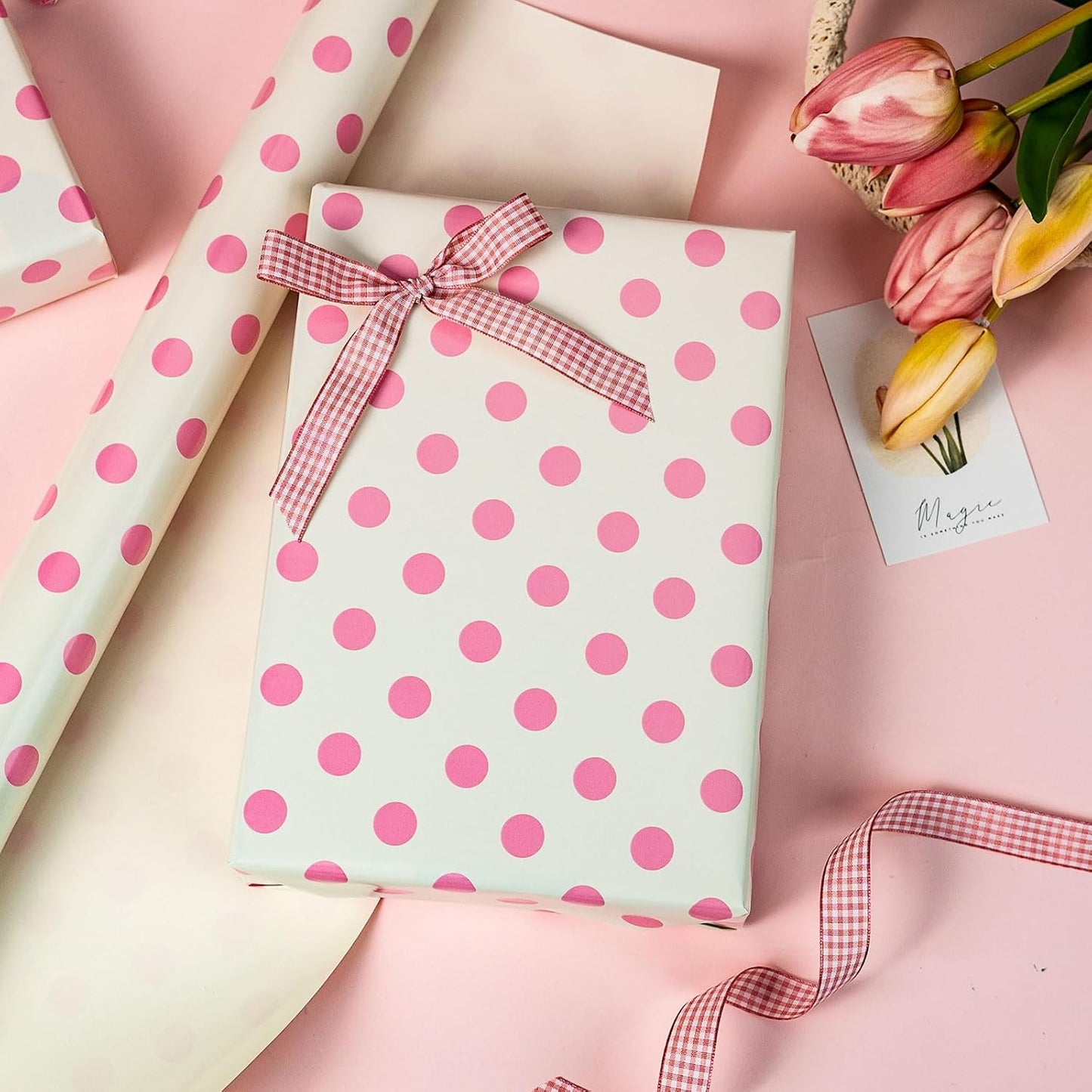 Burymento Pink and Beige Dots Wrapping Paper, Reversible Pink Gift Wrap for Birthday, Valentines, Mothers day, Graduation, Wedding, Fathers day, Baby Shower, Christmas (17in x 32.8ft)