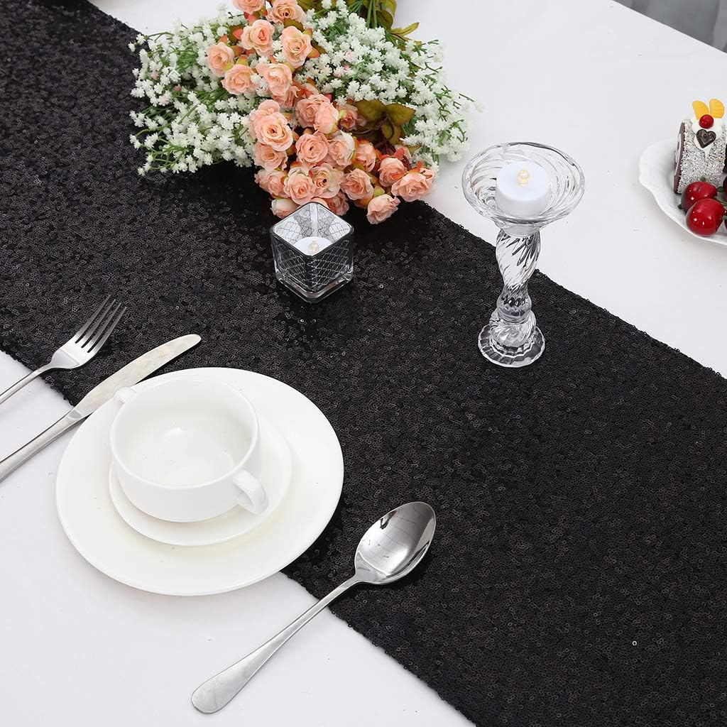 Eternal Beauty Black Table Runner for Wedding, 5PCS-12x108 Sequin Table Runner Decorations for Birthday Parties, Banquets, Graduations,Christmas