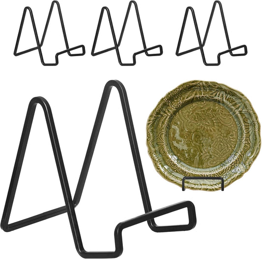 Decolore 4 Pack 4 Inch Black Metal Display Stands Square Plate Holder Display Stand Frame Stand for Picture, Decorative Plate, Photo Easel and Artistic Work