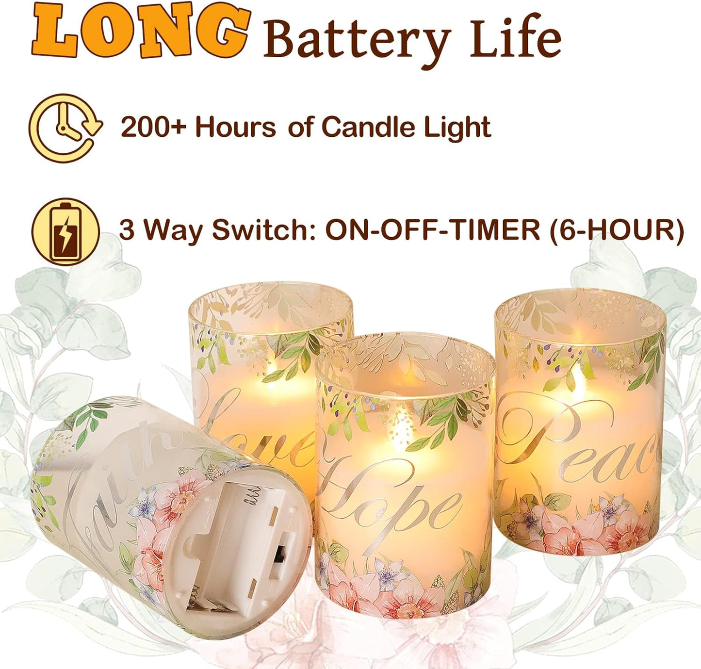 Silverstro Christmas Flameless Candles Glass Flickering Real Wax Floral LED Candles with Remote - Home Party Room Botanical Holiday Decor Set of 4