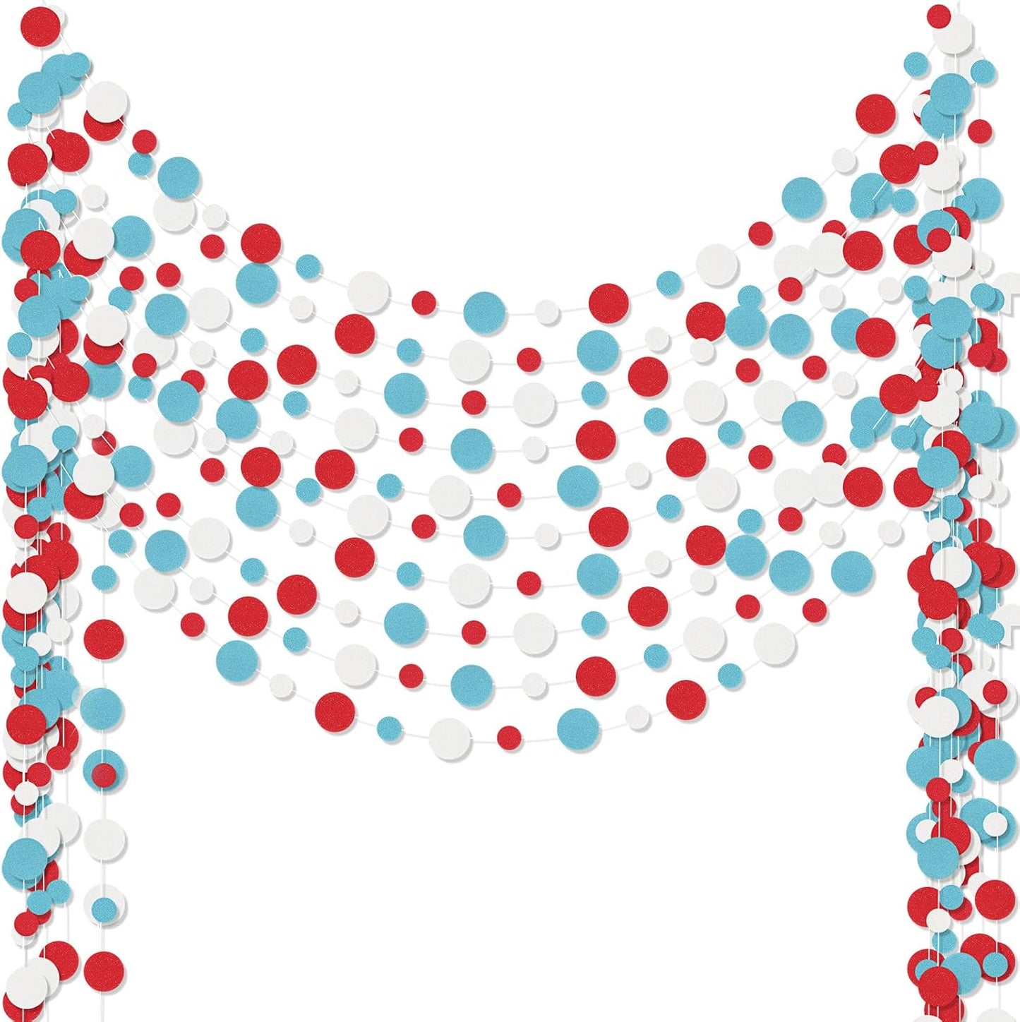 Outus 10 Pieces Colorful Dots Paper Garland Round Glitter Garland Hanging Confetti Streamers Backdrop for Candy Birthday Classroom Halloween Trunk or Treat Car Decoration (Light Blue,White,Red)