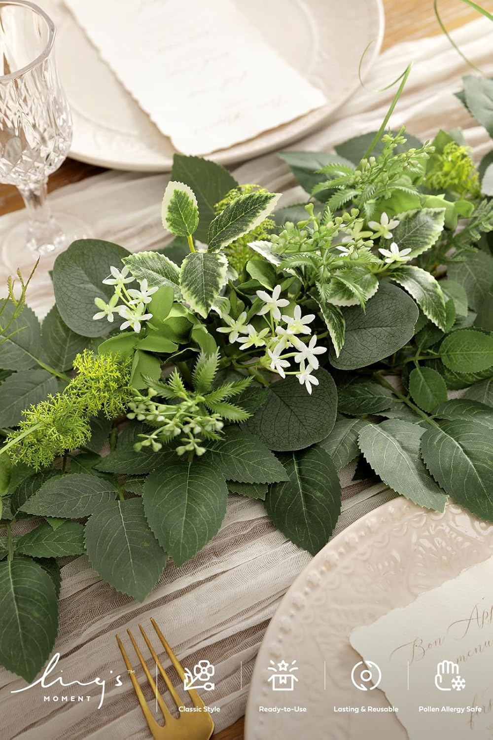 Ling's Moment Flower Garland - 6FT Eucalyptus & Rose - Sweetheart Table Decor for Wedding Reception, Artificial Floral Garland for Mantle, Spring Garden Ceremony, Christmas Decoration, Ivory White