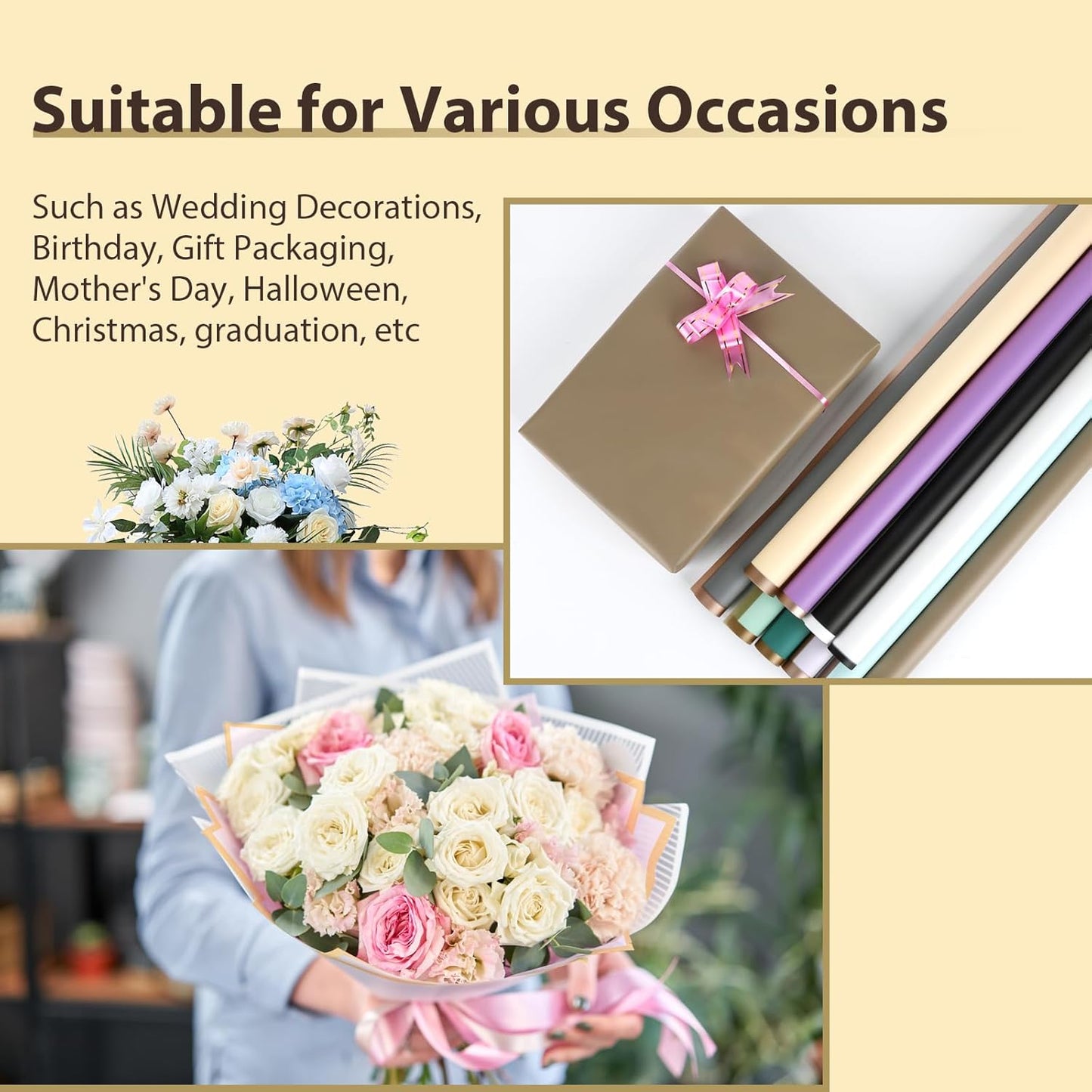 NESCCI 20 Sheet Flower Wrapping Paper - Waterproof Floral Bouquet Wrapping Paper, Florist Supplies Packaging Paper for Wedding Birthday Gift DIY (Grey Khaki)