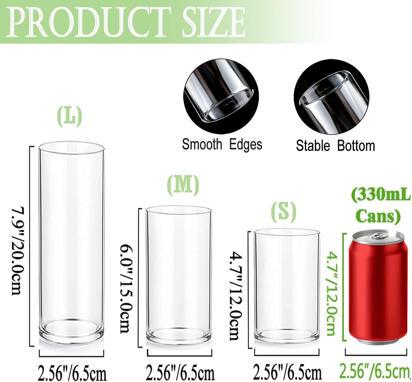 Set of 12 Glass Cylinder Vases for Centerpieces with 8 Pack Vase filler 12 Pearl String 24 White Floating Candles for Centerpieces, Table Center pieces for Wedding Party Home Decor 5, 6, 8 Inch