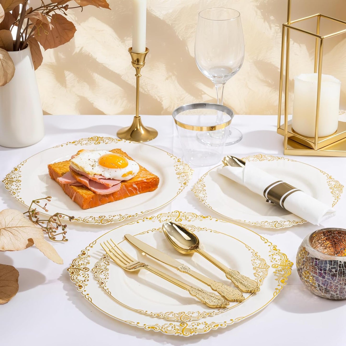 Nervure 350PCS Ivory Plastic Plates - Ivory Gold Plastic Dinnerware Sets for 50 Guests - 100 Gold Disposable Plates, 50 Pre Rolled Silverware Sets, 50 Cups Perfect for Wedding & Thanksgiving