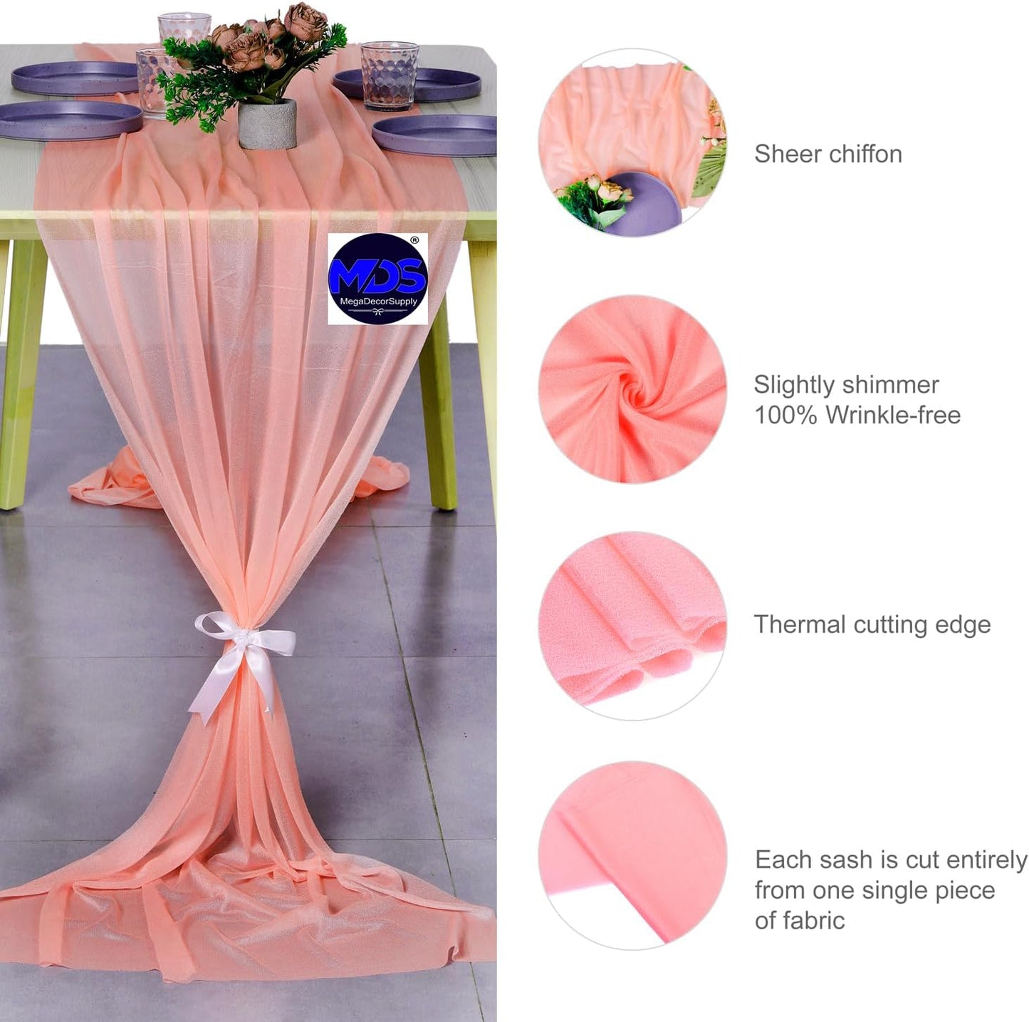 MDS Halloween Chiffon Table Runner - 20 Pack, 29 x 170 Inches, 14ft Each - Sheer Spooky Table Runners for Haunted House Parties, Trick-or-Treat Tables, Witchy Décor, Wedding & Events - Peach