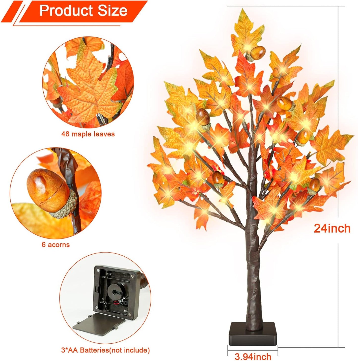 24 Inch Fall Lighted Maple Tree, 2FT Fall Tree with 36 LEDs, 6 Acorns, Timer Battery Operated, Thanksgiving Decorations Table Lights Tree for Autumn Wedding Party Gift Harvest Home