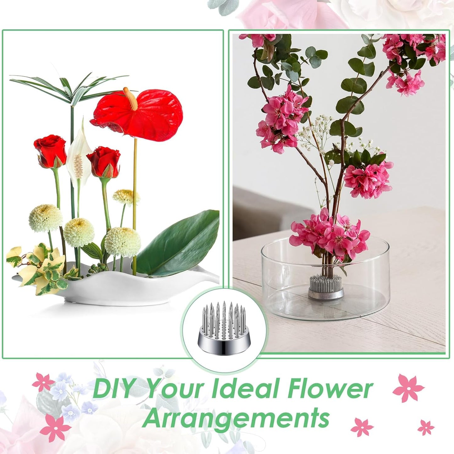 Kritkin 24 Pieces Flower Frogs Holder Mini Floral Round Flower Japanese Arranger Fixed Pin Holder for Arrangements Floral Plant Small Vase Ikebana Decoration Supplies Plant Fixation(0.9 Inch,Silver)