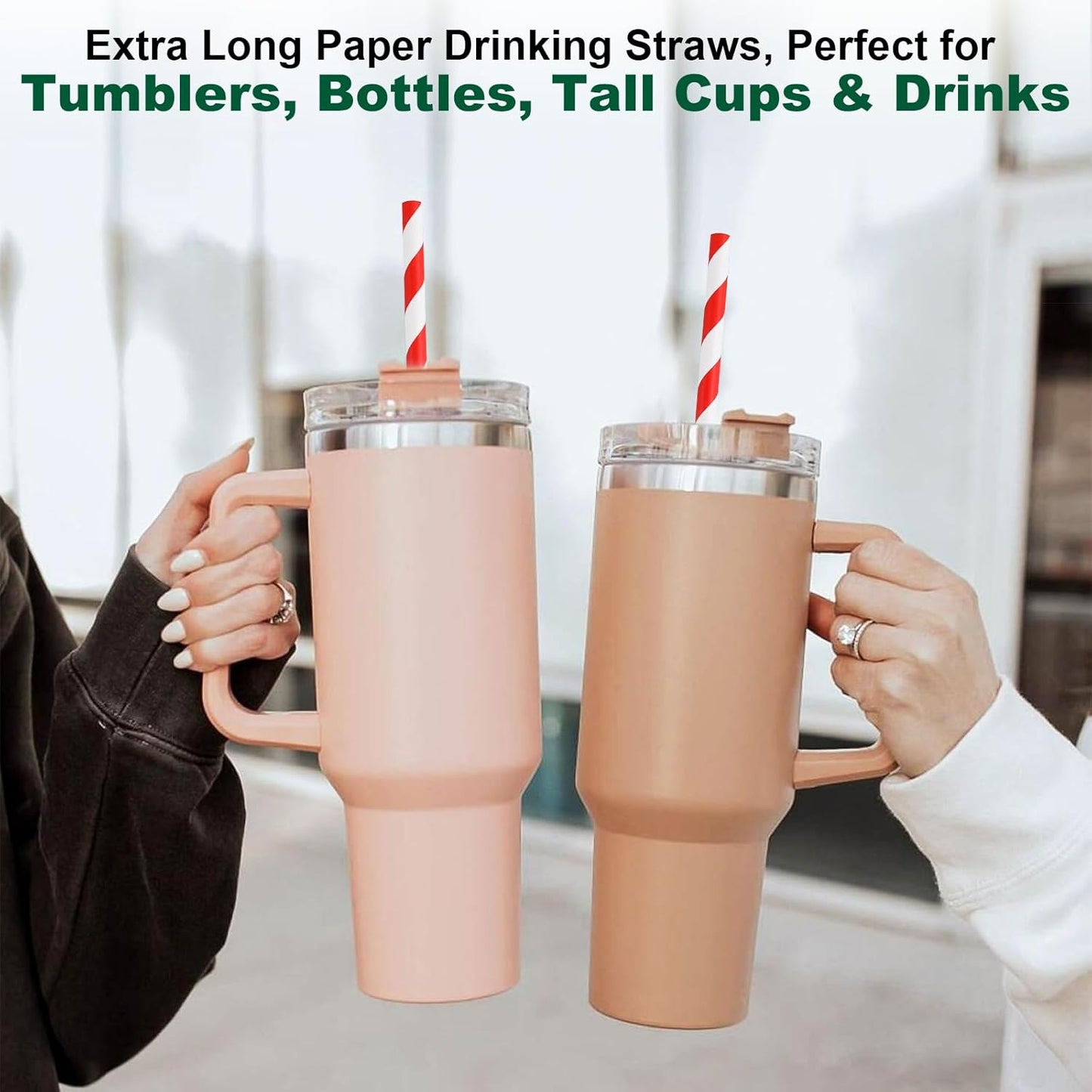 12 Inch Extra Long Large Paper Drinking Straws 8mm Wide - For Smoothies, Shakes, Tall Drinks, 40oz Tumblers - Red Stripe, 100 Count - 100% Biodegradable