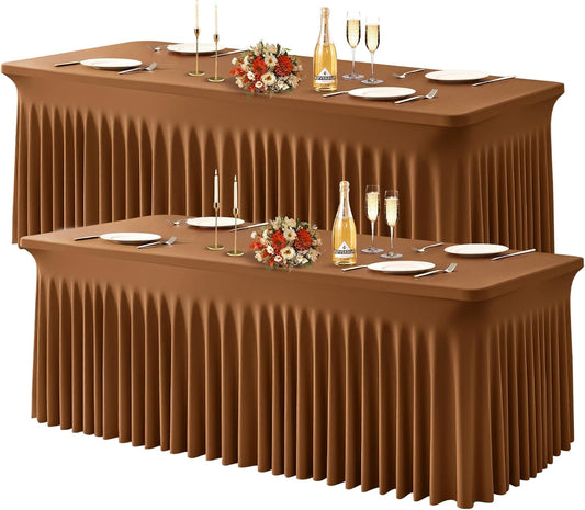 Wish Care 2 Pack Brown Spandex Table Clothes for 8 Foot Rectangle Tables, 8FT Wrinkle Free Fitted Tablecloths Ruffles Design Table Cover for Party, Banquet, Wedding and Events