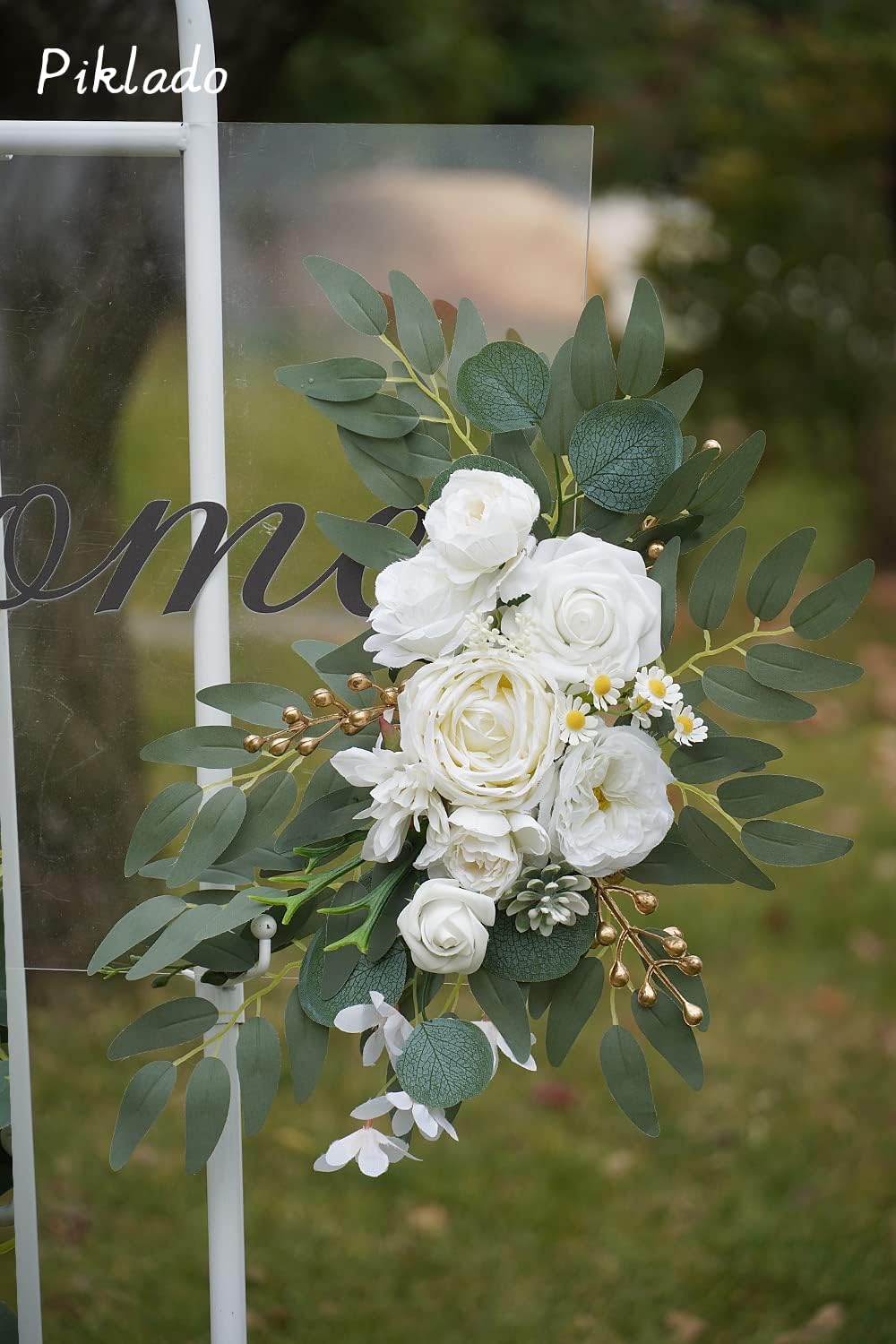 Faux Arch Flower Swag Set of 2 for Wedding Welcome Signs Floral Swag Wedding Reception Ceremony Signs Decor (White)