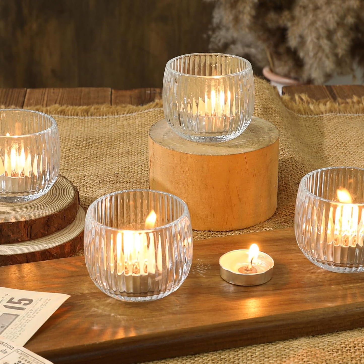 Set of 6 Ribbed Glass Votive Candle Holders, Clear Glass Tealight Holders for Taper Candles - Elegant Table Centerpieces for Weddings, Christmas, Parties, and Home Decor