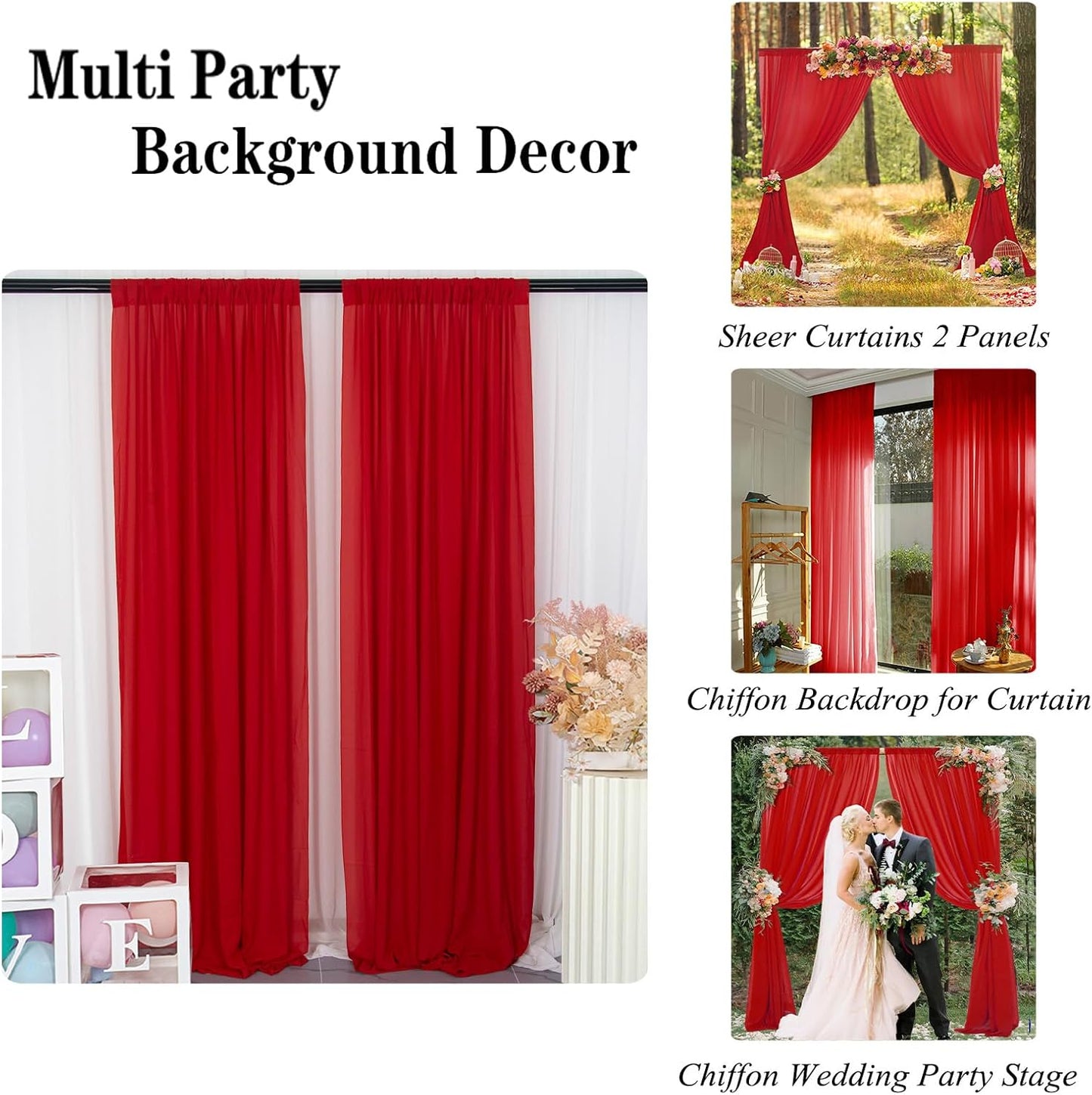 DUOBAO Chiffon Backdrop Curtain-2 Panels 29x108-Inch Red Wedding Fabric Drapes Beach Curtains for Living Room Voile Window Drapes Photography Background for Wedding Ceremony (Red)