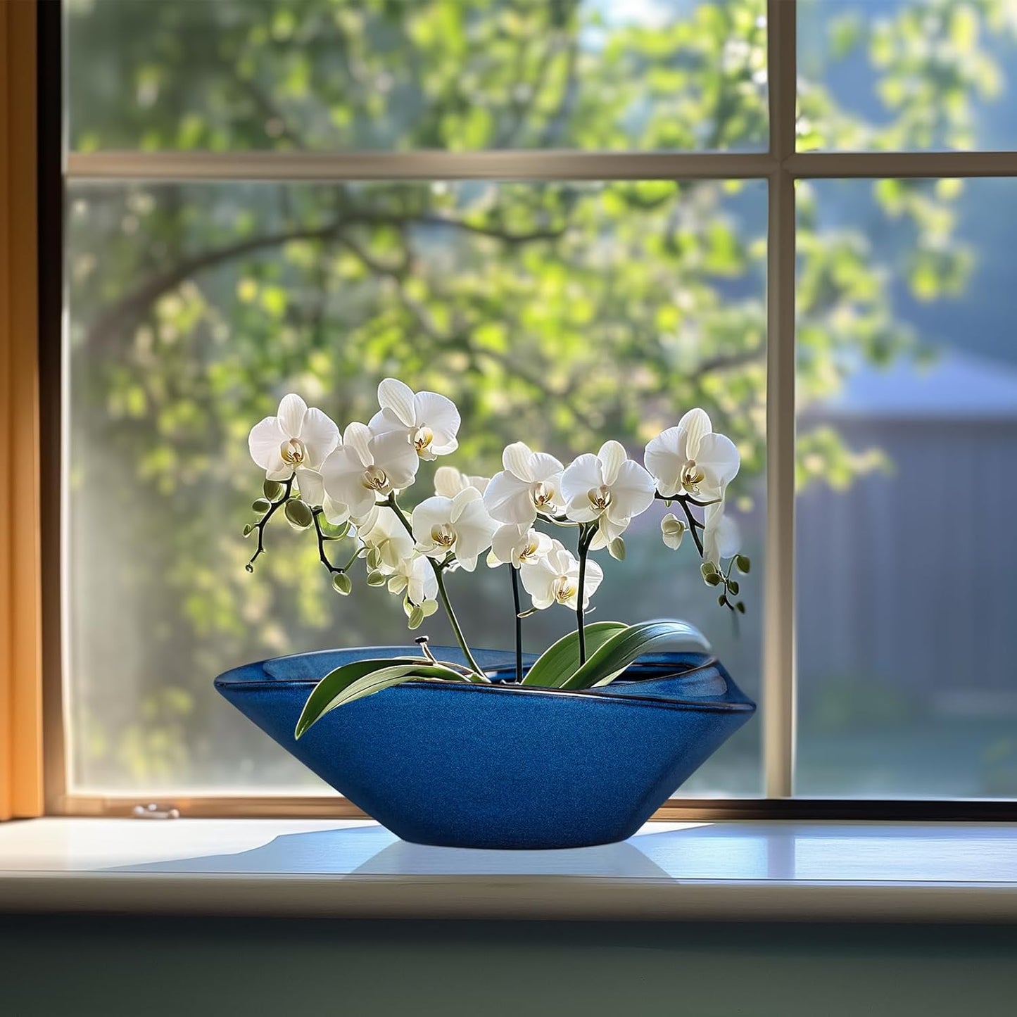 Bonsai Tree Pot - Ceramic Planter Pot with Drainage Hole 12 Inch Bonsai Pots Decorative Orchid Succulent Plant Pots for Indoor Outdoor Plants Blue