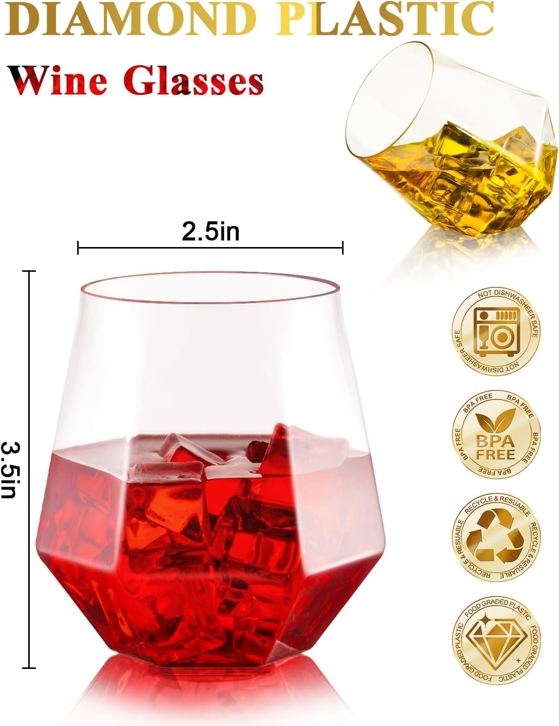 40 PCS Clear 12 Oz Plastic Wine Whiskey Glasses, Diamond Stemless Unbreakable Disposable Wine Glasses for Parties, Ideal for Weddings, Christmas, Halloween,Holidays,pool party,Daily Use
