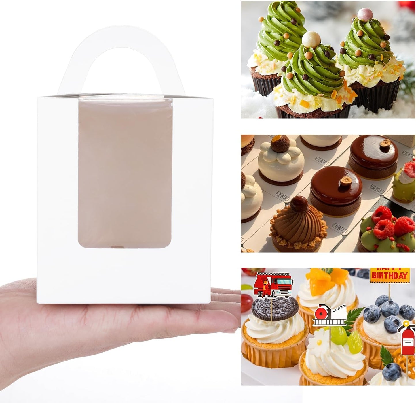 JCD 120Packs Cupcake Boxes with Window and Handle and Insert,Individual Disposable White Single Cupcakes Box Individuals Cupcake Holders White Single Cupcakes Boxes Containers (White/120Pcs)