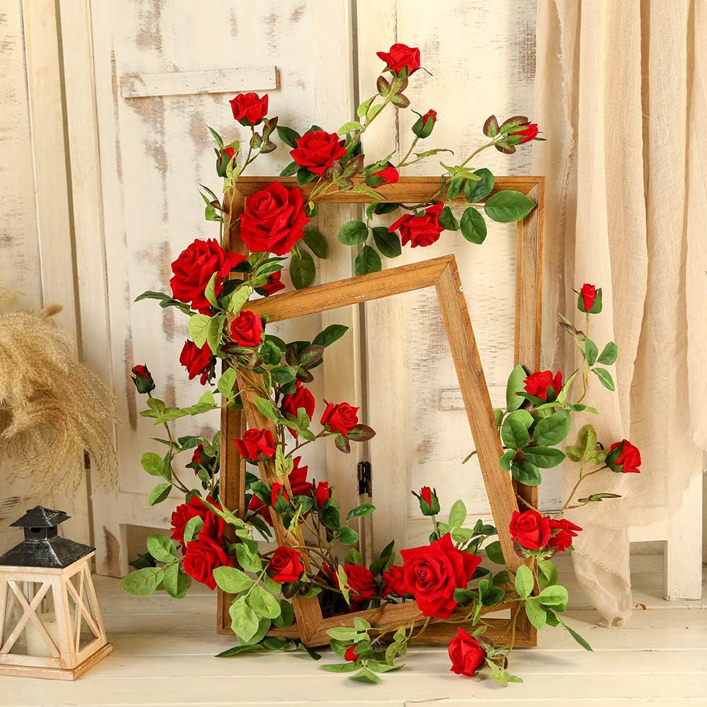 Veryhome Rose Vine Artificial Flower Garland Fake Hanging Rose Ivy Plants 6ft for Wedding Home Party Garden Arrangement Decor Pack of One (Red)