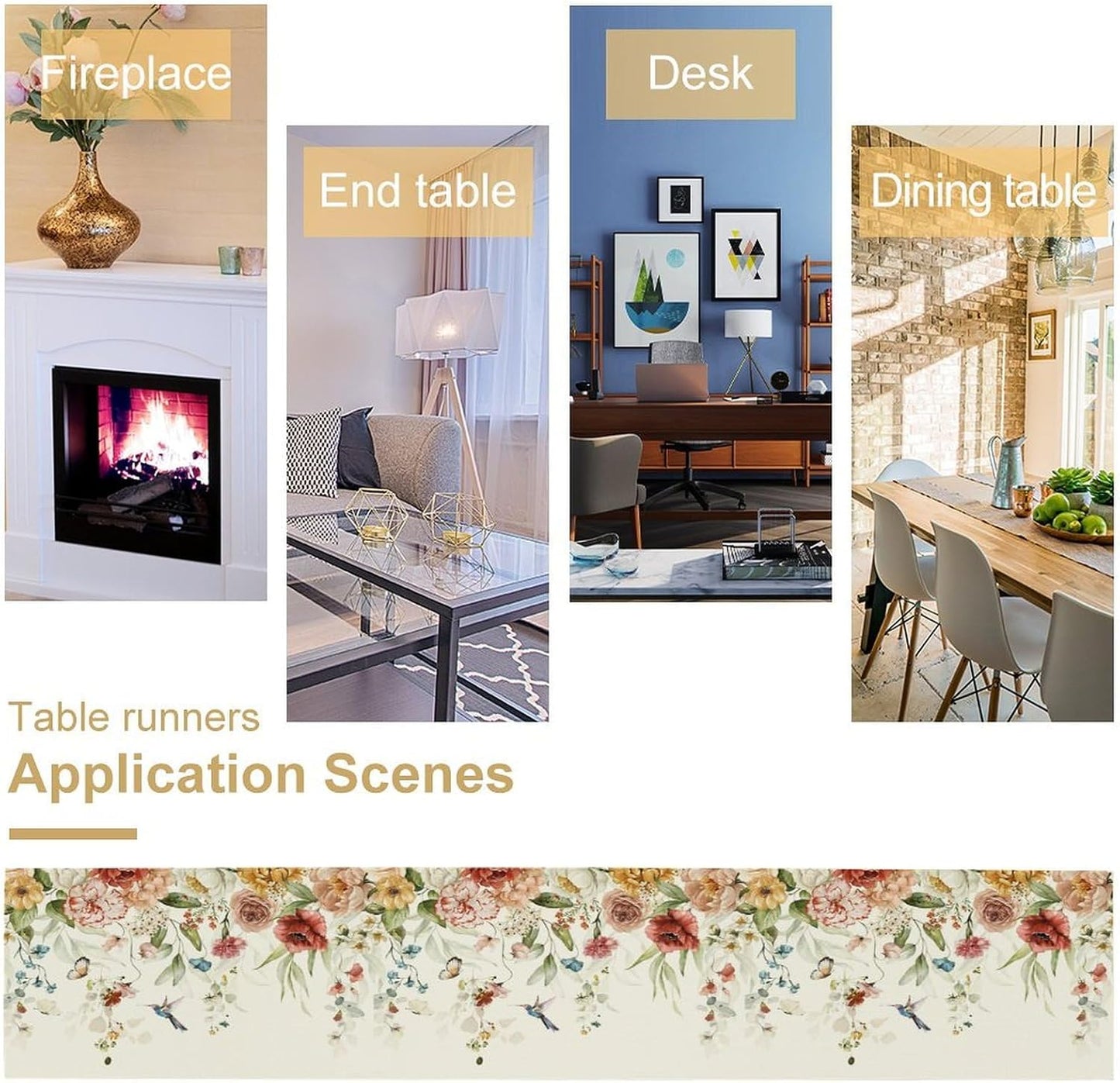 Rustic Floral Table Runner, Watercolor Flower Leaves Hummingbird Butterfly Farmhouse Kitchen Dinning Table Runner for Indoor Outdoor Home Wedding Party Holiday, 13x120 Inch