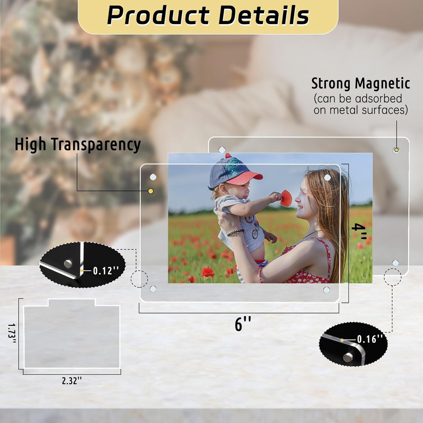 6 Pack 4x6 Acrylic Magnetic Picture Frames, Refrigerator and Desktop Photo Frames Combine, Vertical and Horizontal Clear Display for Fridge/Table/Locker for Home/Party/Wedding/Decoration