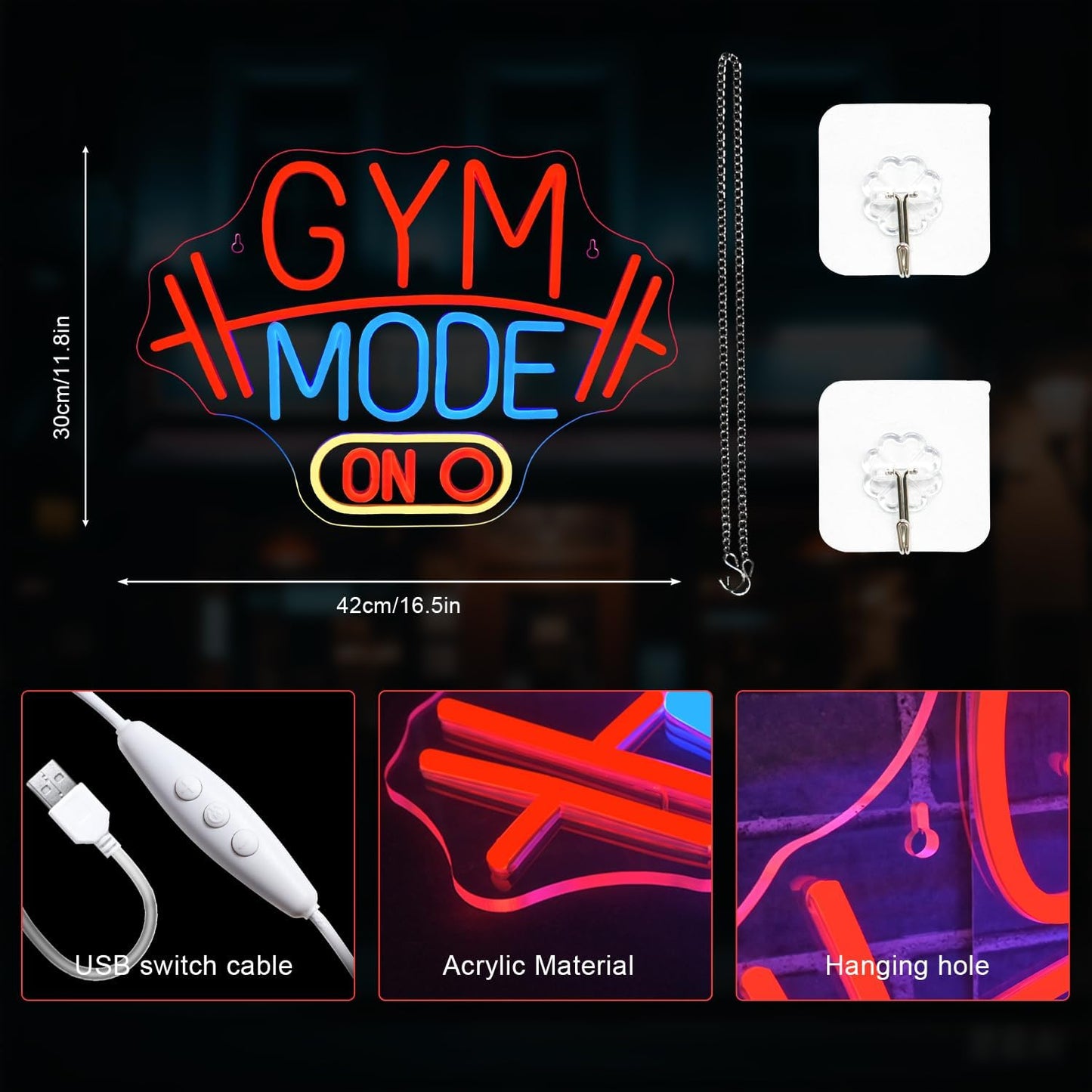 Lucunstar Gym Mode Neon Sign,Red LED Neon Light for Wall Decor,Dimmable Switch USB Powered with LED Lights for Bussness Man Cave,Dumbbell Gym Club Decor