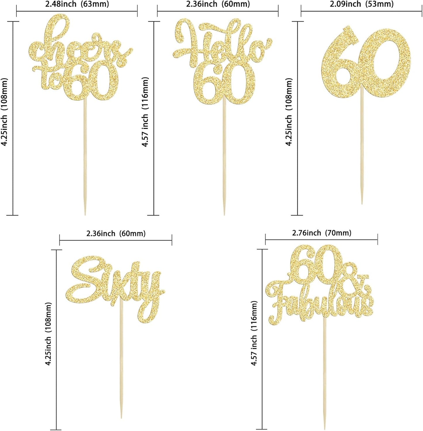 30Pcs Happy 60th Birthday Cupcake Toppers Gold Glitter Sixty Cake Toppers Cheers to 60 Years Old Birthday Cupcake Picks for 60th Birthday Anniversary Party Cake Decorations Supplies