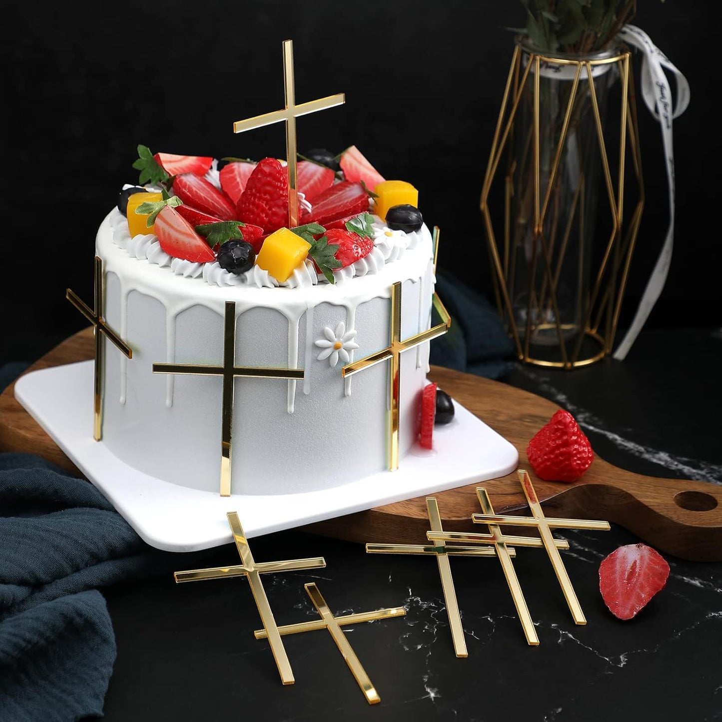 Blulu 16 Pieces Baptism Cake Toppers Crossing Cupcake Toppers Gold Mirror Acrylic Cake Picks Baptism Decor Christian Decorations(Elegant Style)