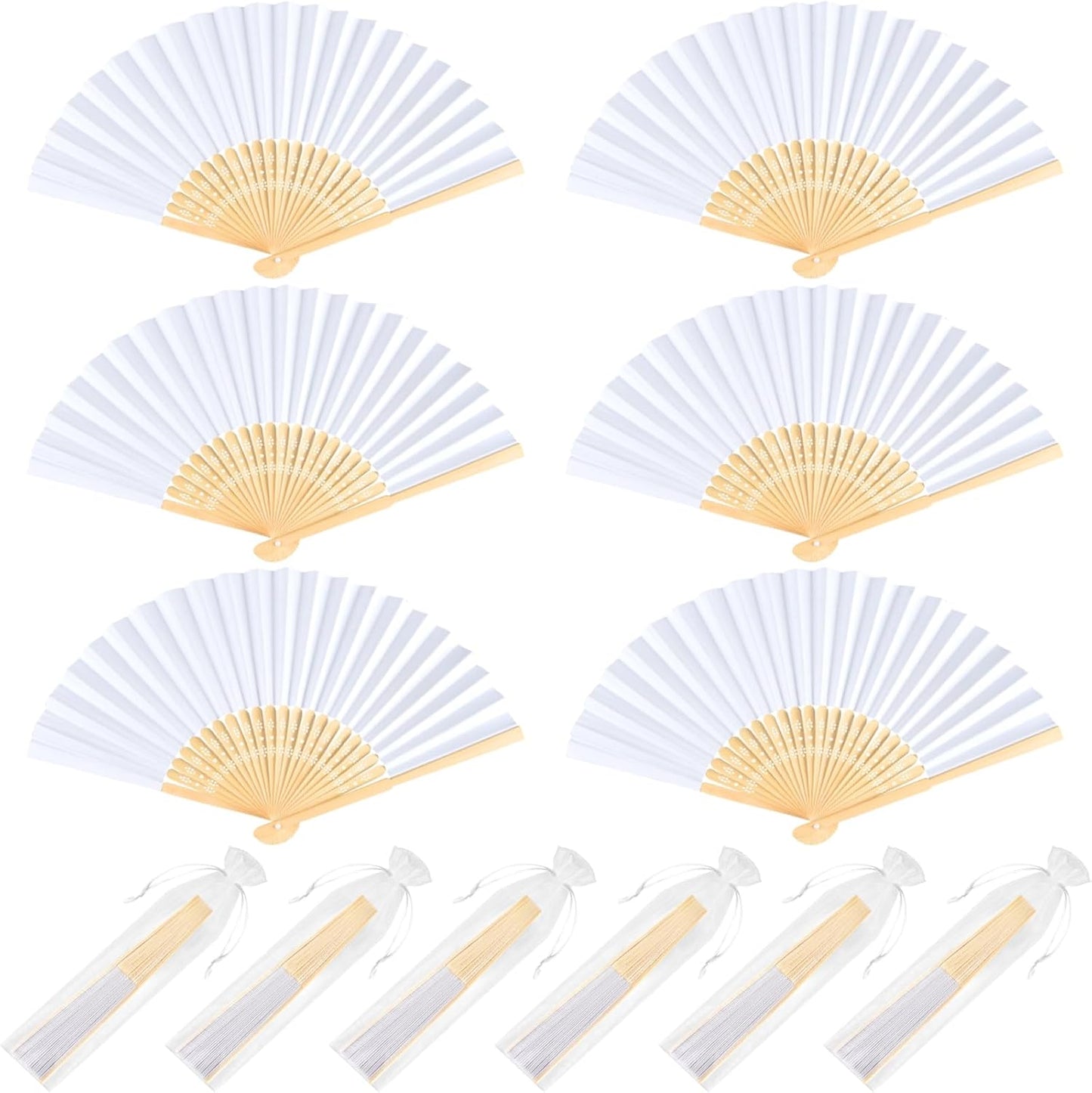 NEBURORA 6Pcs White Handheld Paper Fans 8.3 Inch Hand Held Bamboo Fans Foldable for Wedding Decoration Outdoor Party Favors DIY Decoration Dancing Photography Props