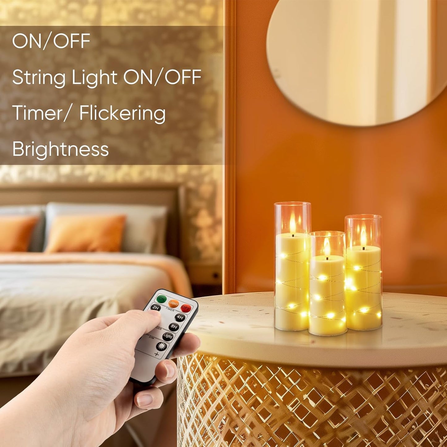 Homemory Flameless Candles with Embedded Star String Fairy Lights, Battery Operated Candles with Remote Control and Timer, Acrylic Flickering LED Candle for Fall Decor, Ivory, Set of 9, D2.2”xH5”6”7”