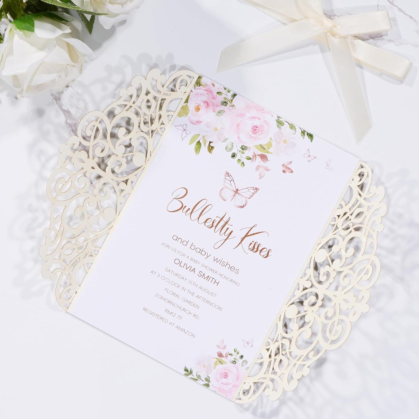 50Pcs Gold Glitter Laser Cut Wedding Invitation with Envelopes RSVP Cards and Ribbons Blank Card Invitaciones Para 15 Años Personalizados Quinceañera Baby Shower Party Invites