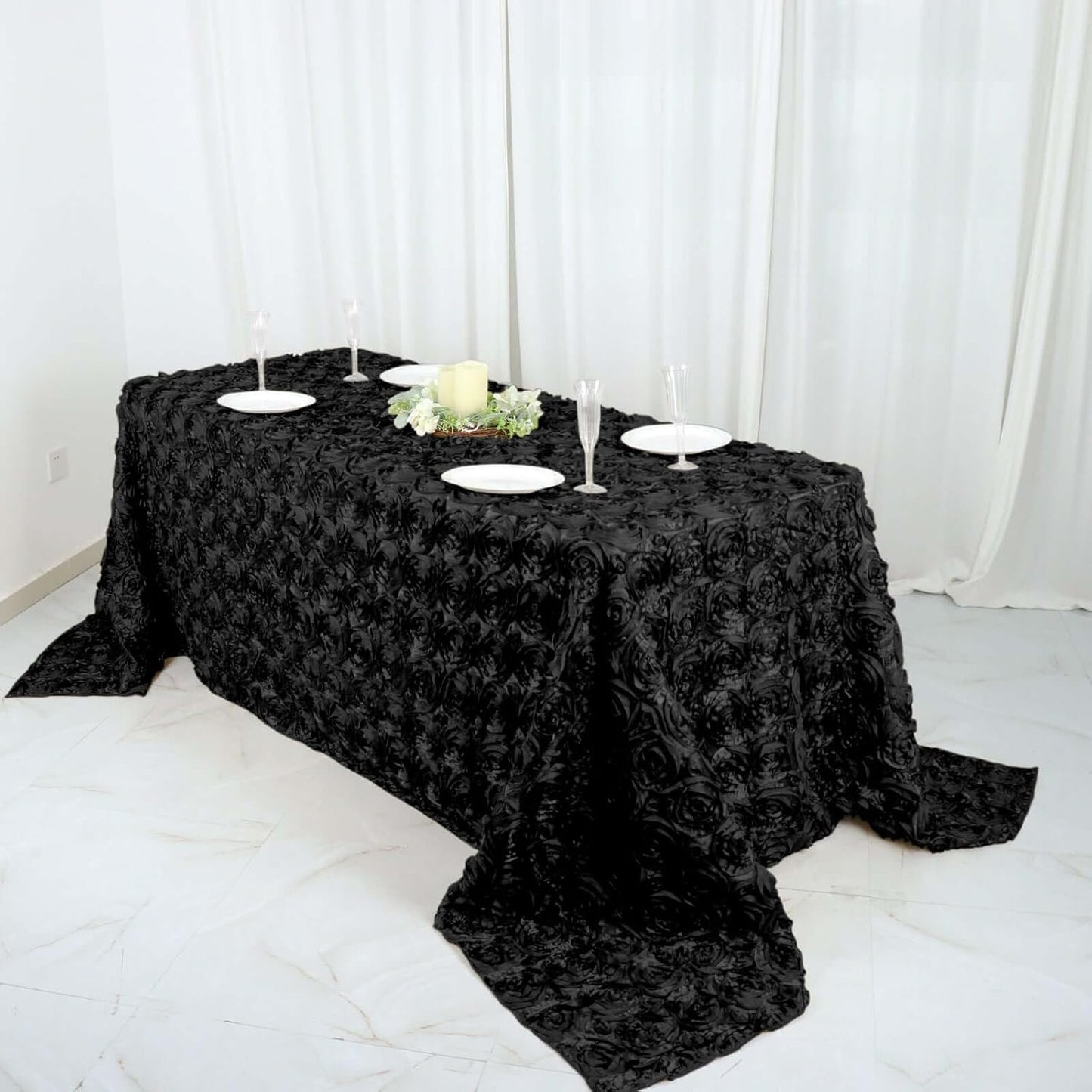Efavormart 90"x132" Wholesale Rectangle Table Cover Black Grandiose Rosette 3D Satin Tablecloth for Wedding Party Event