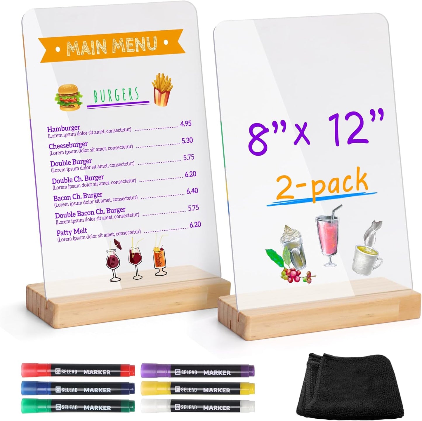 SELEAD Acrylic Clear Board Bar Sign - 2 Pack 8x12 Inch DIY Words Sign Board with Wooden Stand, Tabletop Double-Sided Menu Message Note Board for Business, Wedding, Events