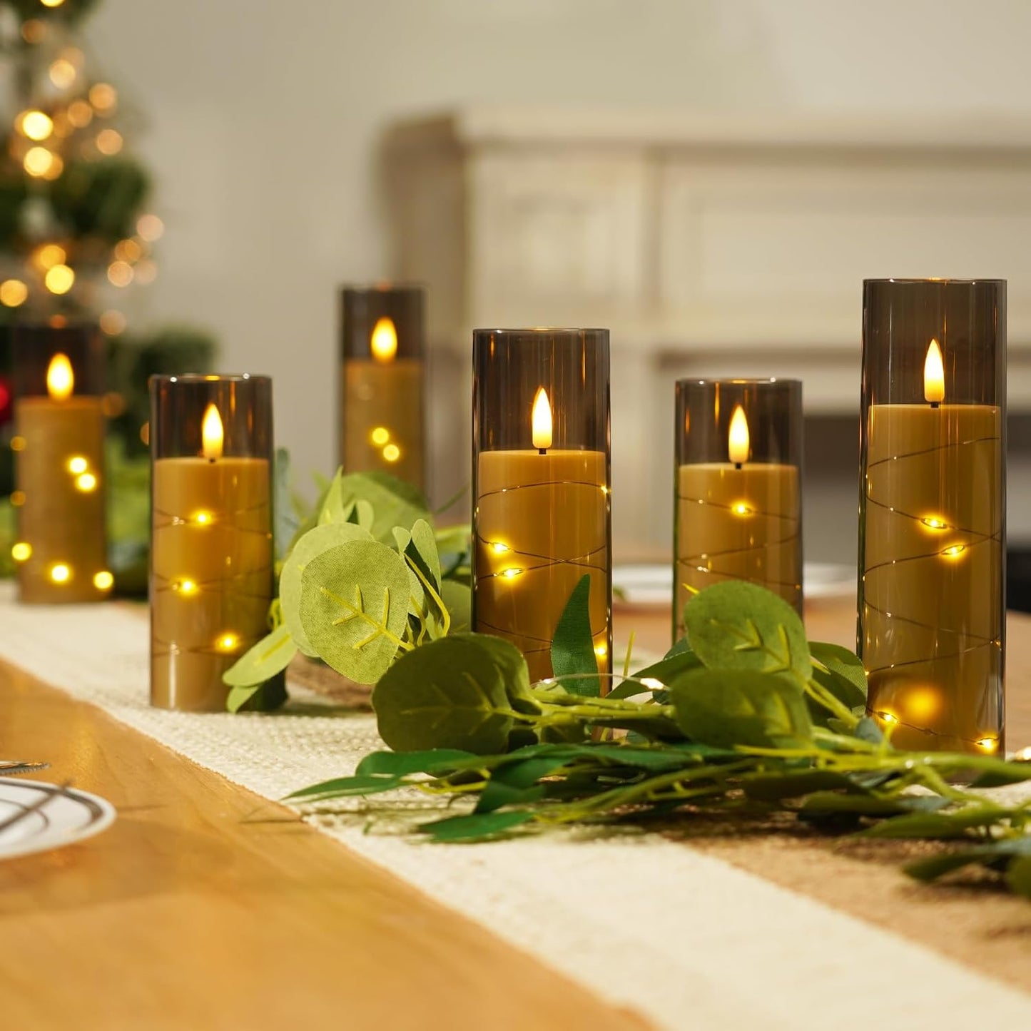 Homemory Flameless Candles with Embedded Star String Fairy Lights, Acrylic Battery Operated Candles with Remote Control and Timer, Flickering LED Candle for Halloween, Grey, Set of 9, D2.2”xH5”6”7”