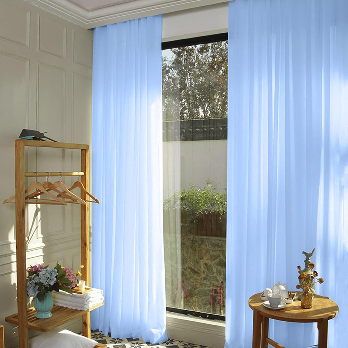 DUOBAO Chiffon Curtains Blue Photography Backdrops Drapes Party Stage 2 Panels 58x96 Sheer Two Pages Curtain Drape for Bedroom Wedding Living Room Voile Window Decor (5ft x 8ft)