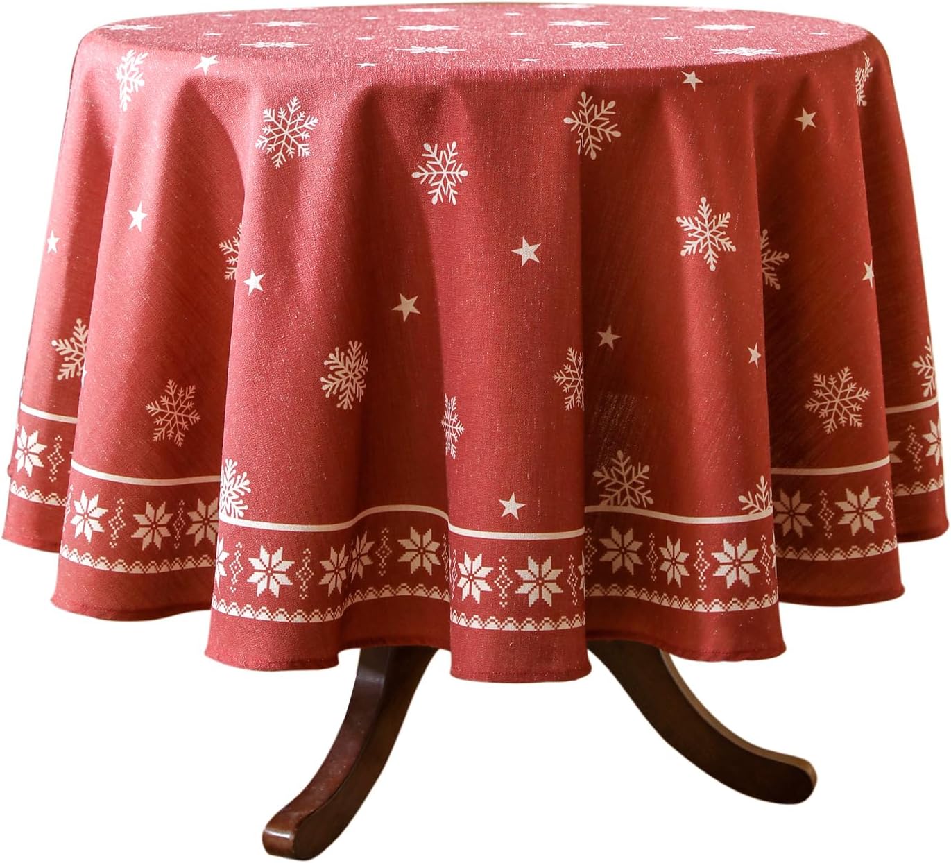 ISAENNE Designer Christmas Red Round Tablecloth,Linen Table Cloth with Snowflakes Pattern,Wrinkle Resistant Decor Tablecloths for Dining Kitchen Thanksgiving Christmas,Diameter 67"-Carol C