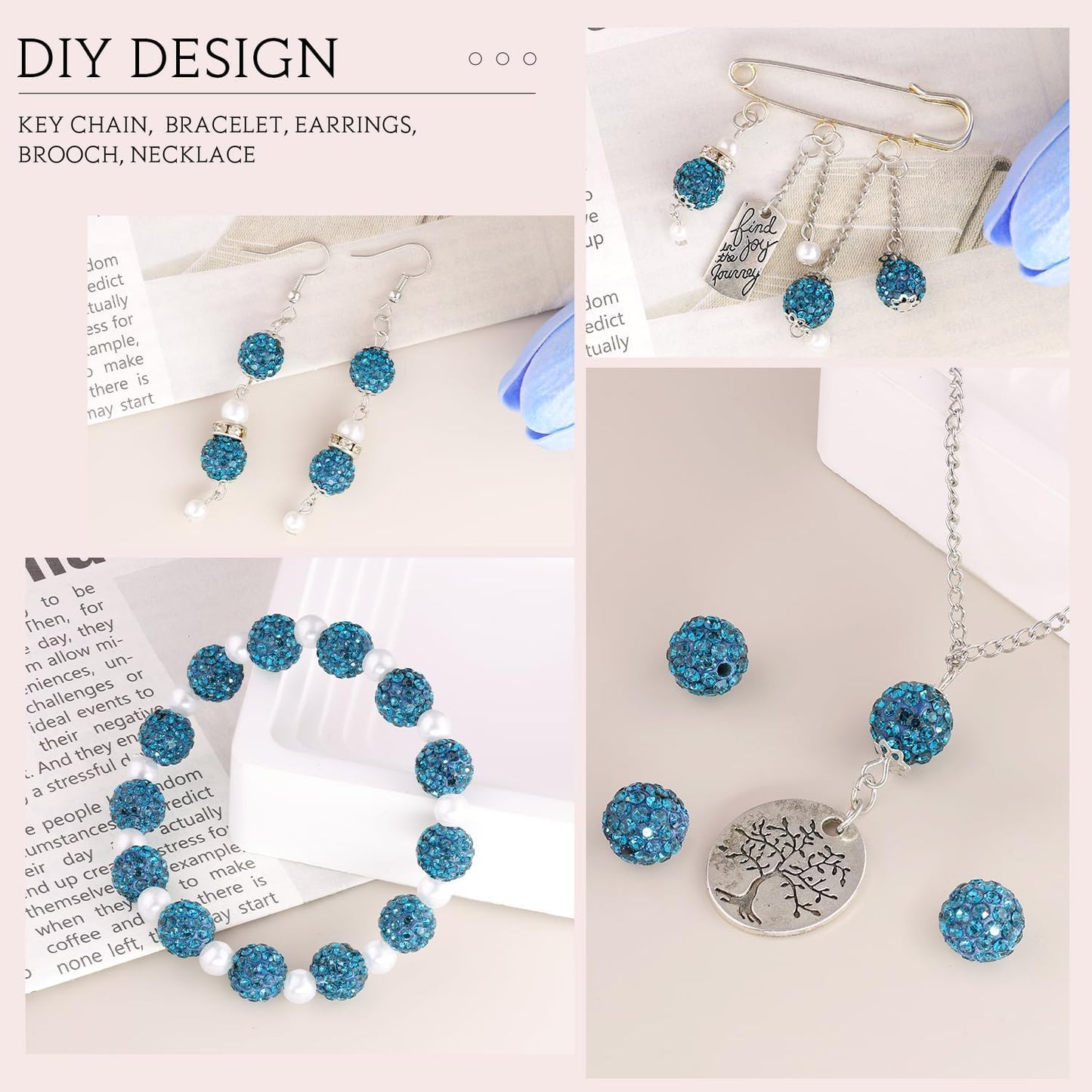 100 pcs 10mm Rhinestone Beads for Jewelry Making, Blue Zircon Shiny Round Shamballa Disco Beads Bulk, Sparkle Crystal Clay Christmas for Bracelet Baseball Necklace Earring Crafting and DIY