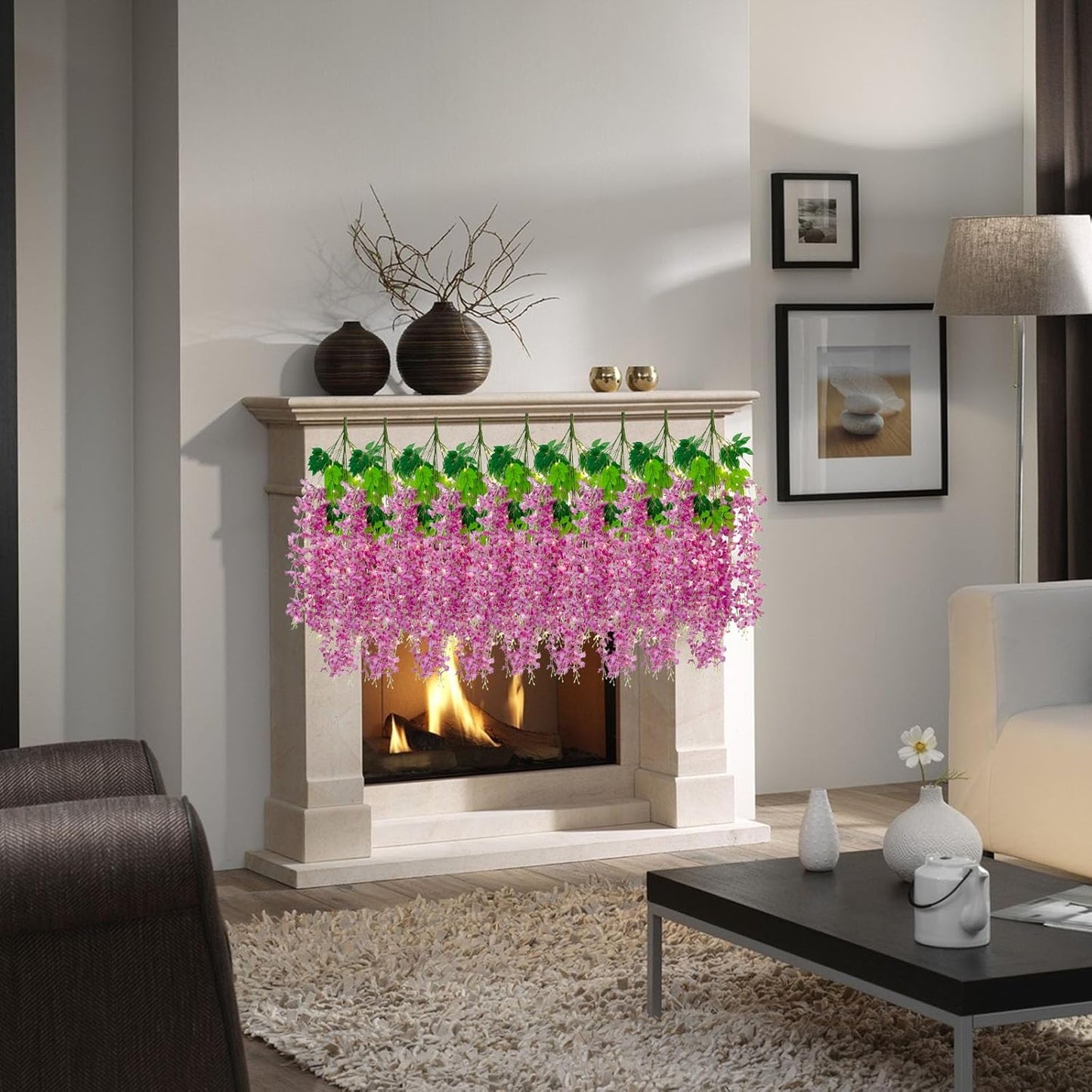 12 Pack Purple Red Wisteria Hanging Flowers Garland with Lights, 3.44 Feet Artificial Flower Vines, Fake Wisteria, Artificial Vines Hanging Garland for Backdrop Outdoor Patio Garden Decor