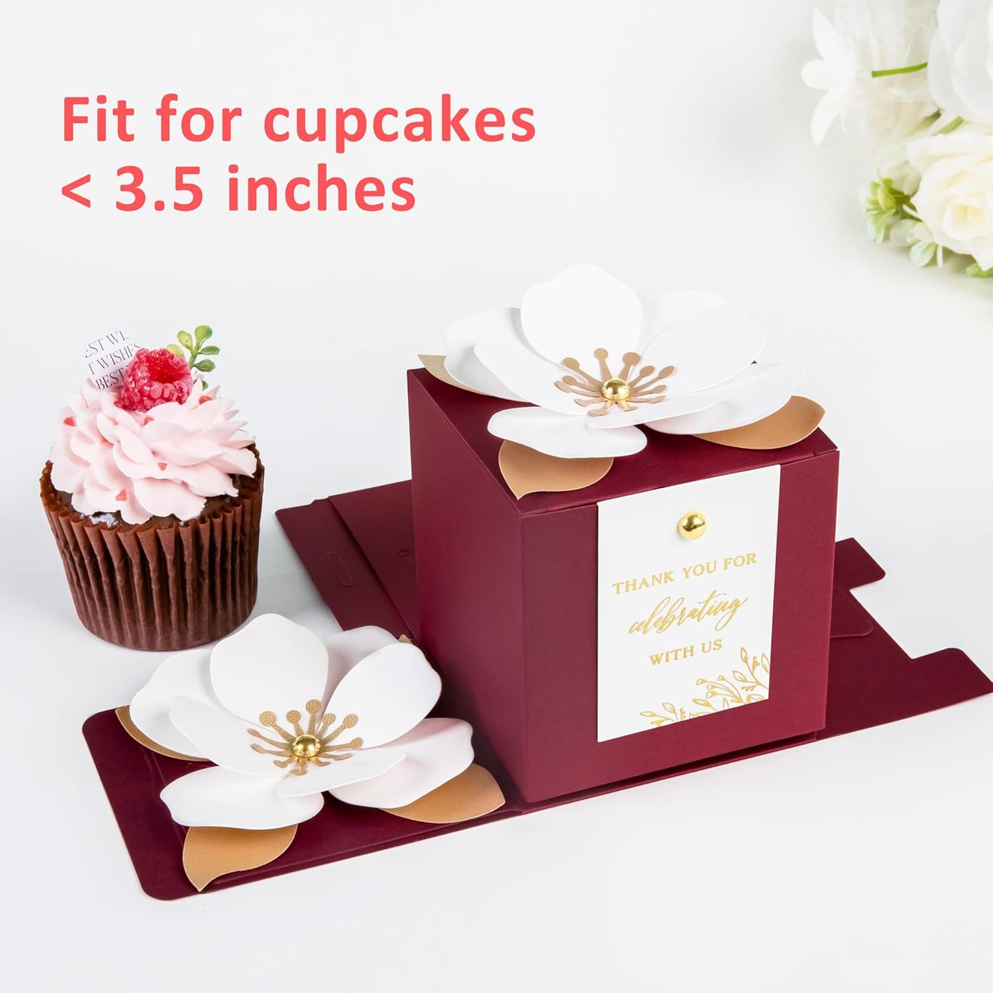 FEIYI 20 PCS Burgundy Gift Boxes, 3 In 1 Favor Boxes with Floral Decor, White Thank You Tags Cupcake Containers Gift wrapping for Wedding, Baby Shower, Birthday, Decorations Party - 3.55x3.55x3.55
