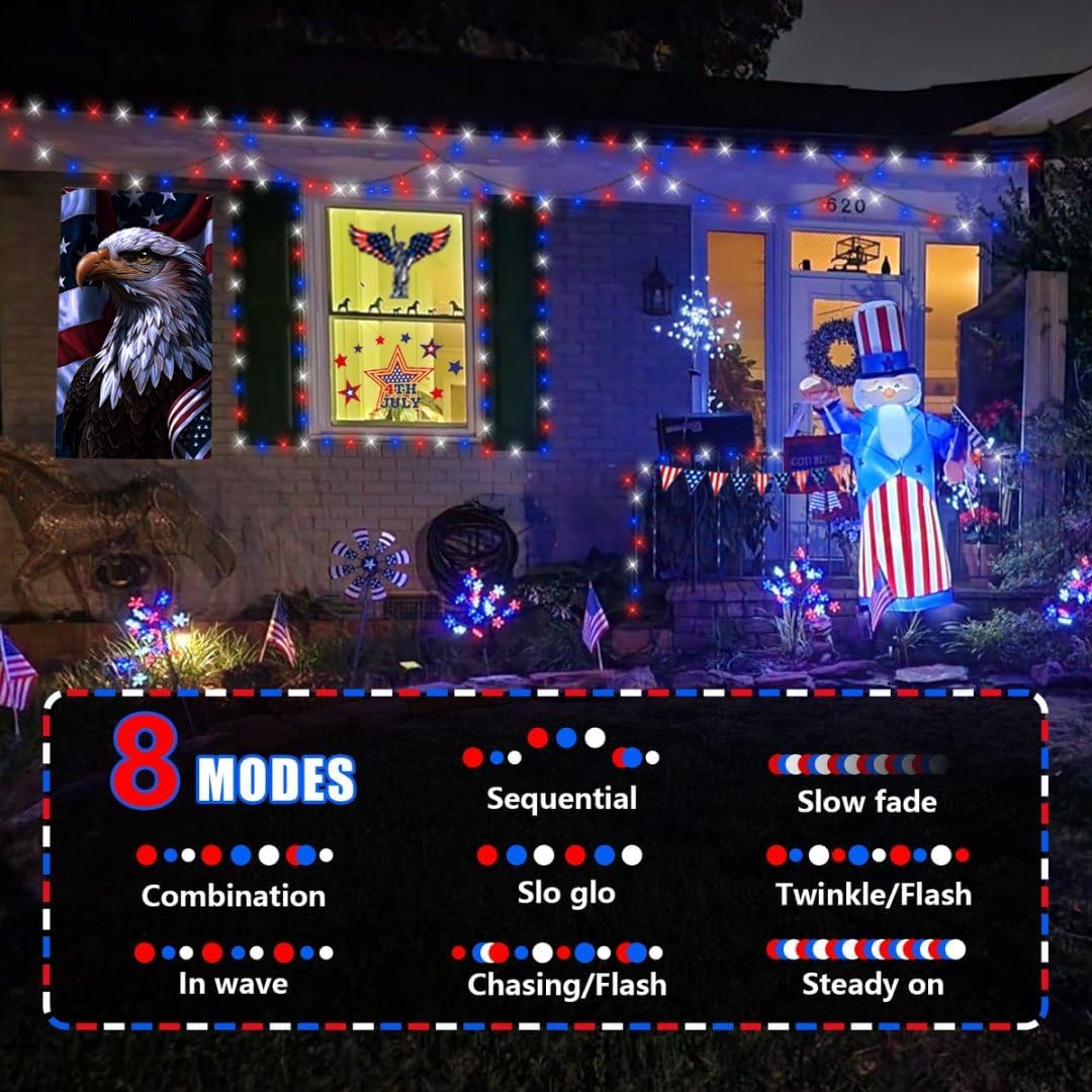 YEGUO 500LED 165ft 4th of July led Lights Outdoor Waterproof, Patriotic String Lights Plug in, Red White Blue led String Lights Indoor for 4th of July Memorial Day Independence Day Decor