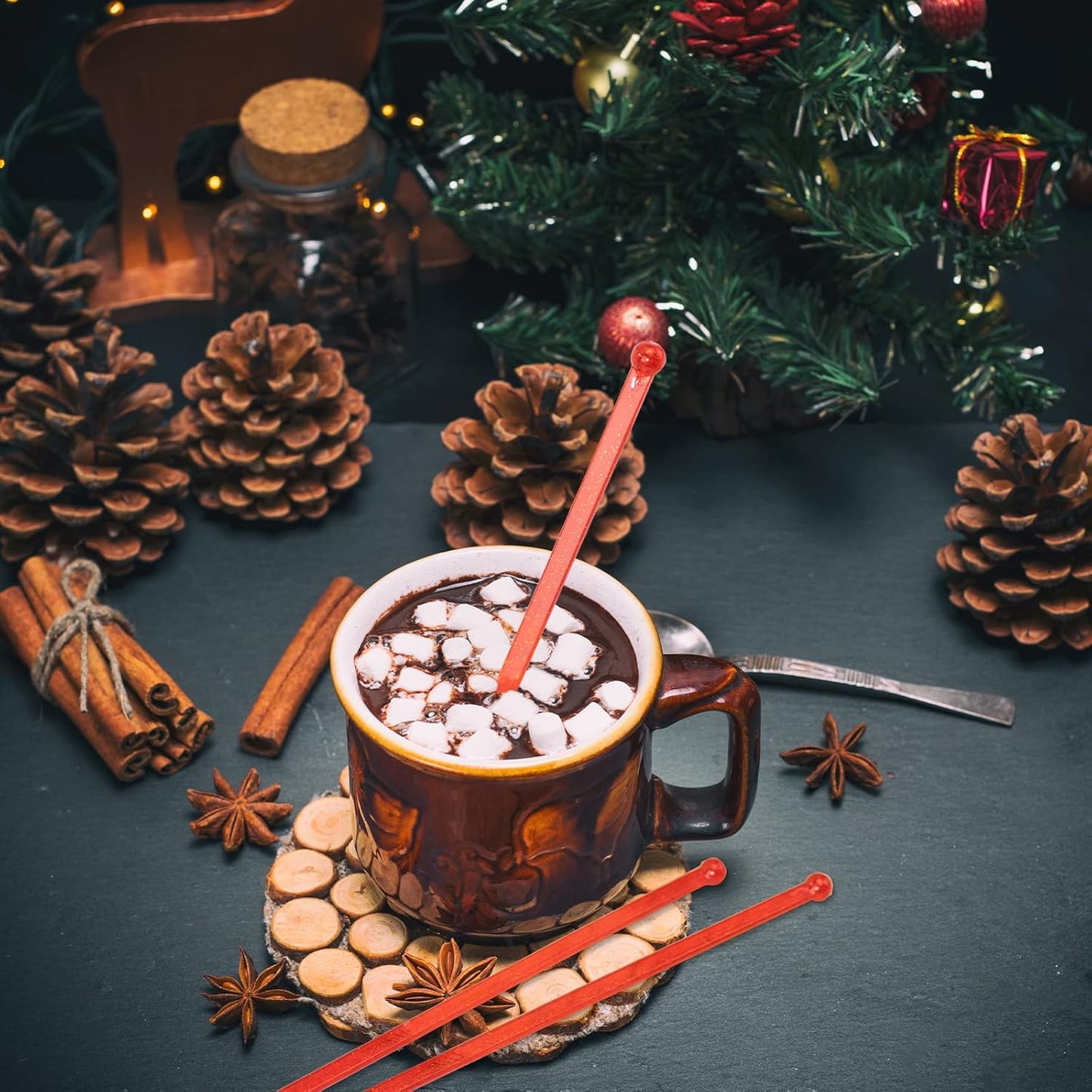 50-PCS Christmas Red Glitter Plastic Swizzle Sticks, Crystal Cake Pops, Cocktail Coffee Drink Stirrers, Stir Sticks for Christmas Party, 7.24 Inch