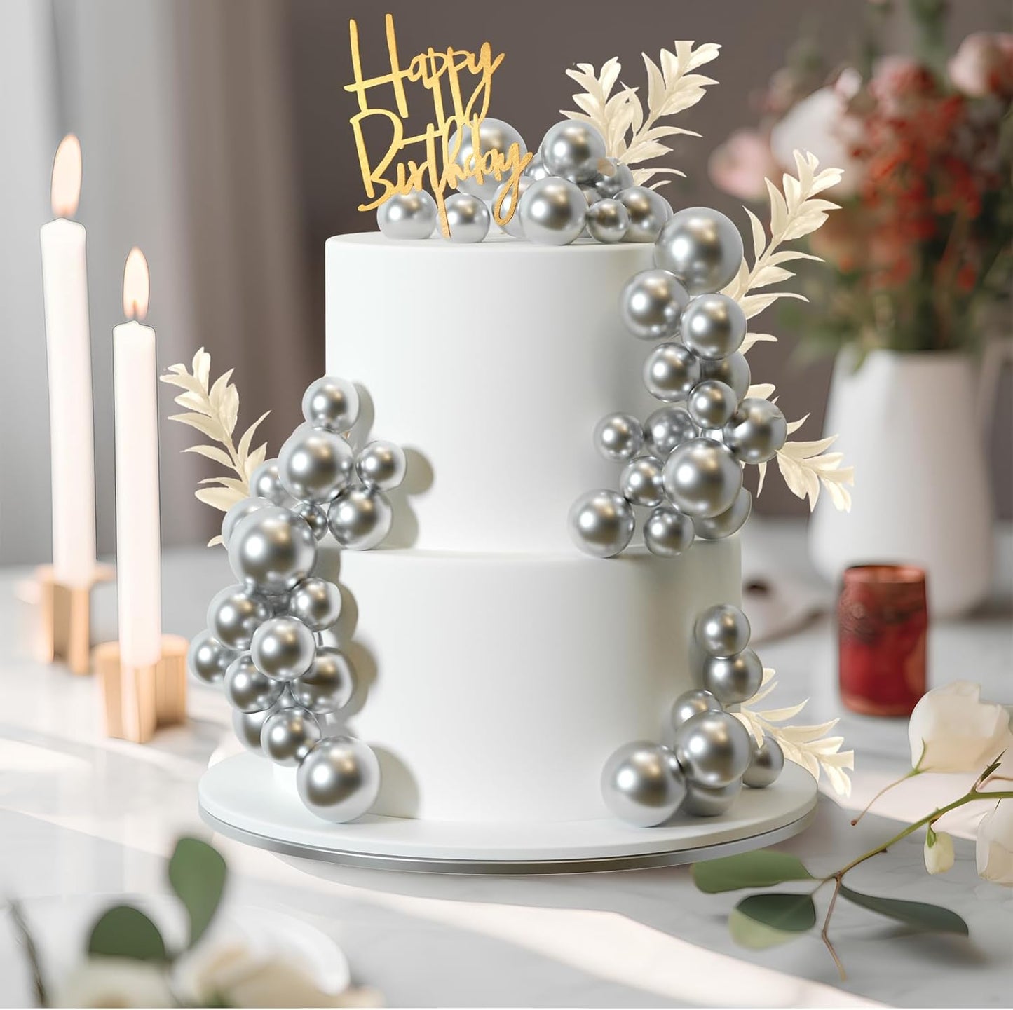 MIAHART Ball Cake Toppers Boho Grass Cake Topper Ball Cake Insert Decoration for Birthday Wedding Baby Shower Party Decorations Boho Themed Party Supplies (Silver)