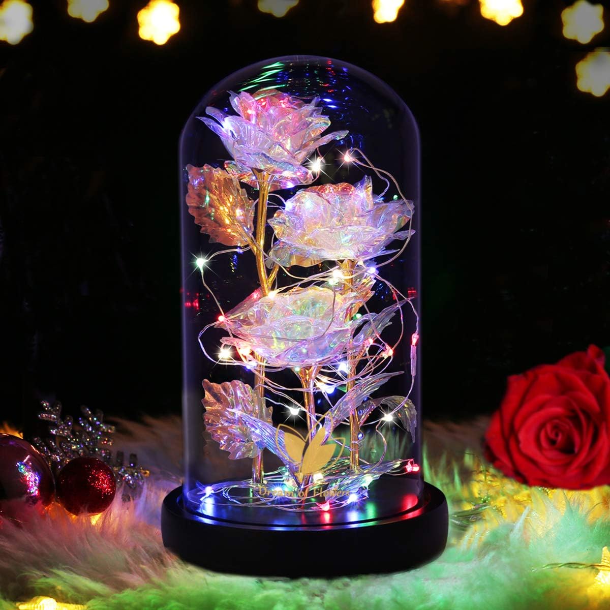 Beauty and The Beast Rose,Birthday Gifts for Women,Colorful Rainbow Up Rose in A Glass Dome,Gifts for Mom,Women,Wife's,Grandma Wife Anniversary,Valentines,Thanksgiving,Christmas,Wedding