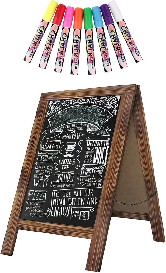 Rustic Whitewash Double Sided Chalkboard, 7.5"*8.6" Tabletop Stand, Small Countertop Chalkboard Easel with 8Pcs Liquid Chalk for Menu, Kitchen, Restaurants, Bar, Wedding and Home Decor