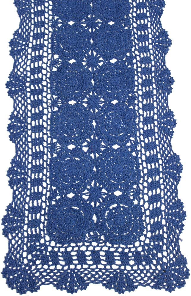 KEPSWET Cotton Handmade Crochet Lace Table Runner Blue Rectangle Coffee Table Dresser Decor (14x48 inch)